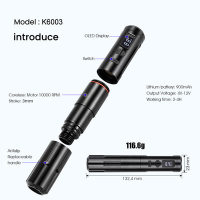 เครื่องสัก 10W Wireless Dermografo เครื่องแต่งหน้าแบบถาวรแบบไร้สาย เครื่อง RCA Connector เครื่องแต่งกาย ความยาว 24*132.4mm ผู้ผลิต