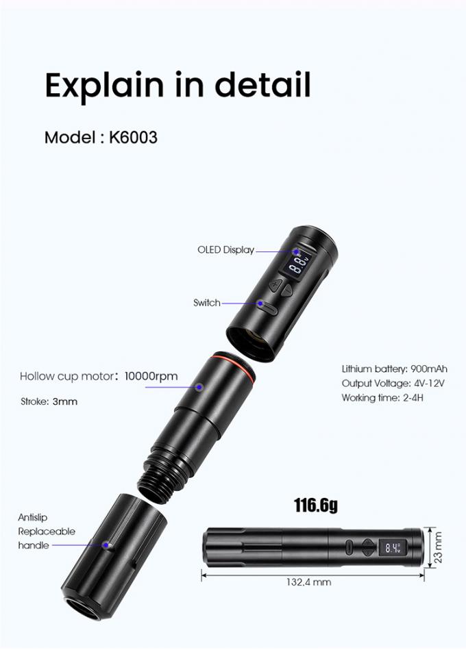 เครื่องแต่งหน้าแบบถาวรแบบไร้สาย RCA ที่มีพลังงานมาก เครื่องสัก 2.7 มิลลิเมตร 0