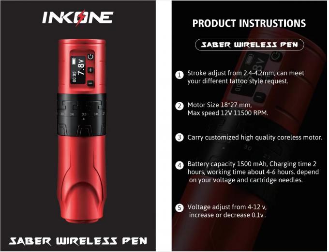 ปืนสักไร้สาย 1500mAh INKONE SABER เครื่องปากกาเครื่องสักไร้แกน มอเตอร์แรง ยาว 4.2 มม อลูมิเนียมเครื่องบิน 9